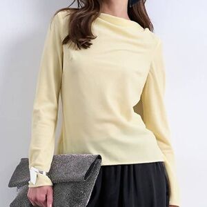 NWT ASOS Topshop Long-Sleeve Draped Neck Velvet Top in Butter